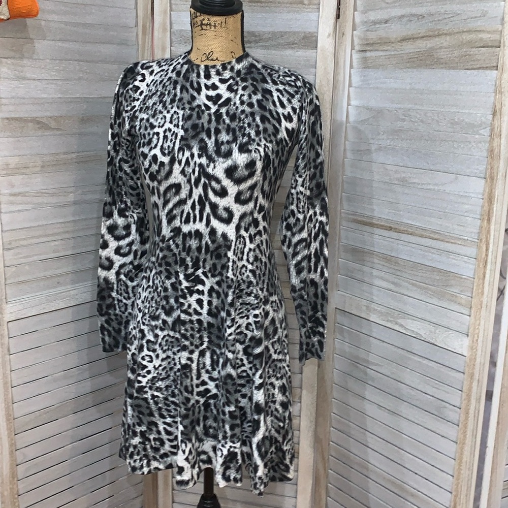 Micheal Kors Fremont Leopard Print Knit Fit and Flare Long Sleeve Dress